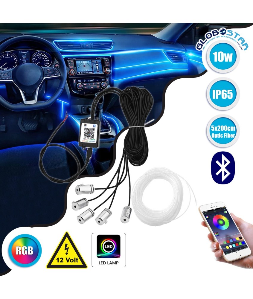 GloboStar® 81843 Car Optic Fiber LED Kit Smart Bluetooth - Φωτισμός Κιτ Οπτικής Ίνας Αυτοκινήτου DC 12V 10W με Smart Bluetooth Controller & Εφαρμογή APP Αδιάβροχο IP65 Πολύχρωμο RGB